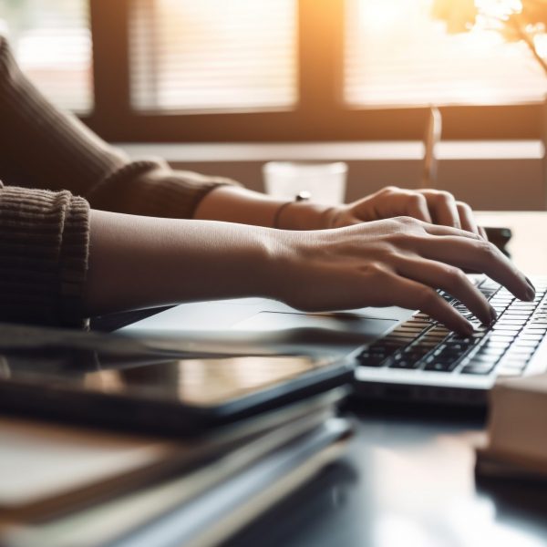 A businesswoman sitting at desk, using laptop generated by artificial intelligence